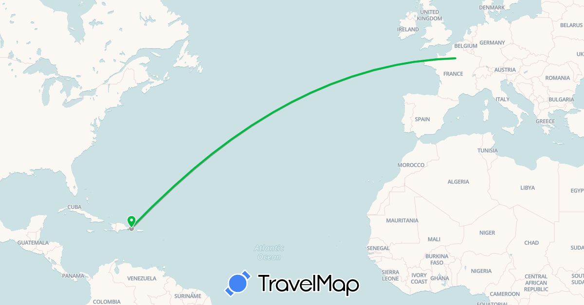 TravelMap itinerary: bus, plane in Dominican Republic, France (Europe, North America)