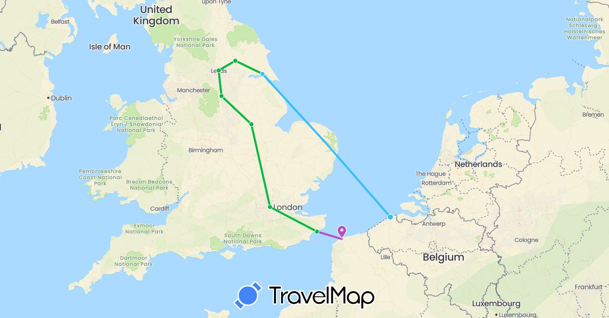TravelMap itinerary: driving, bus, train, boat in Belgium, France, United Kingdom (Europe)