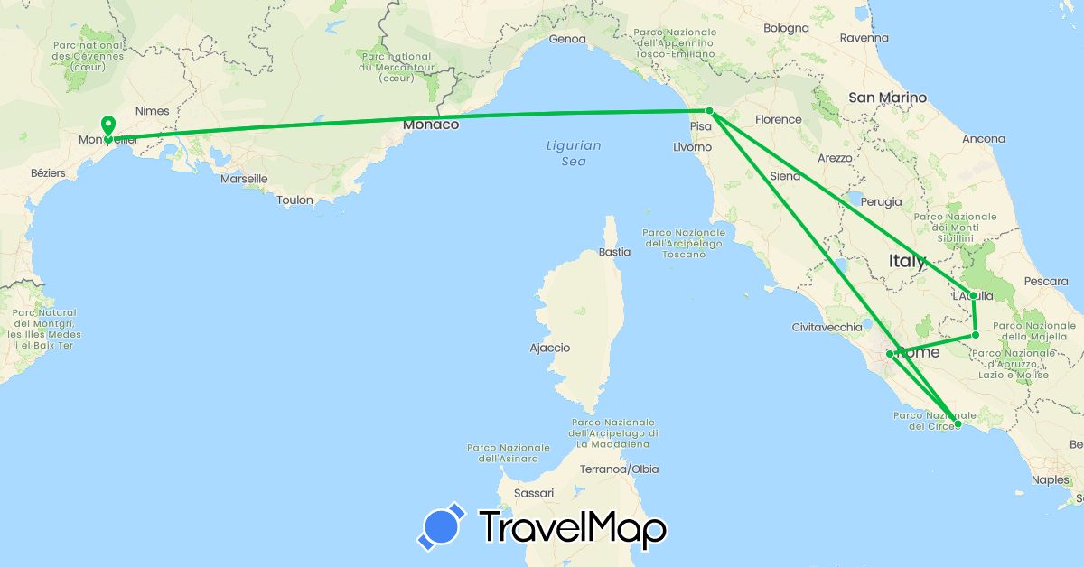 TravelMap itinerary: bus in France, Italy (Europe)