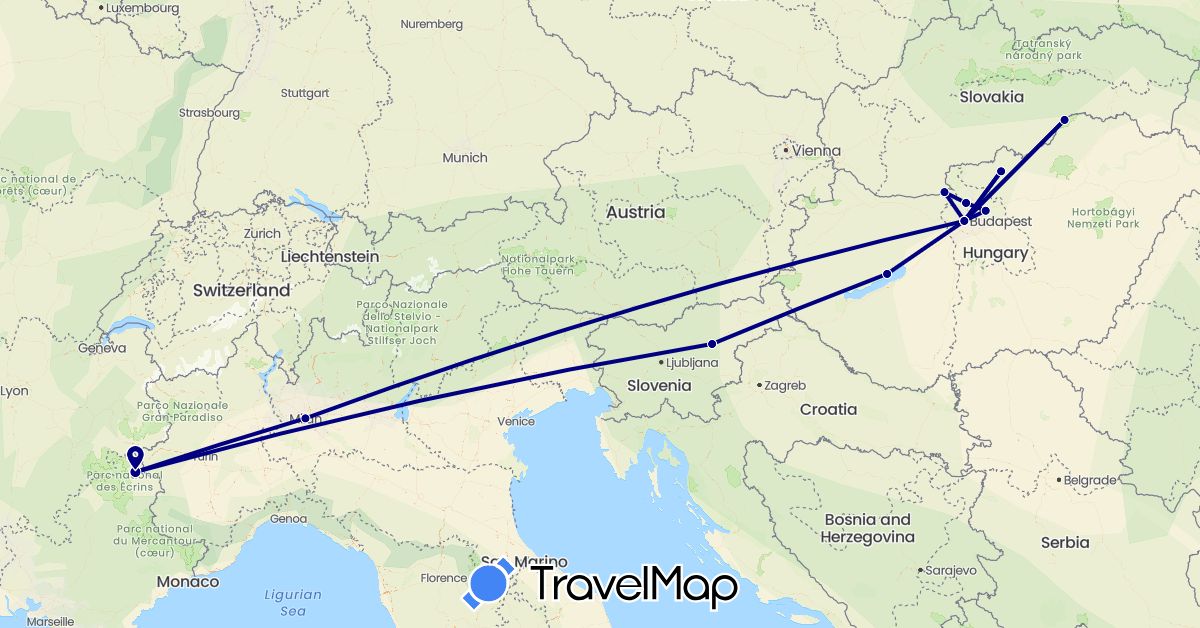 TravelMap itinerary: driving in France, Hungary, Italy, Slovenia (Europe)
